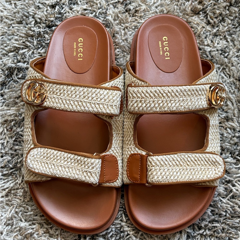 Gucci Tan Leather and Natural Raffia Double-Strap Slide Sandals with Gold GG